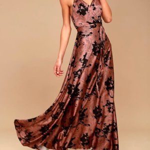 Tea Gardens Rusty Rose Floral Print Satin Maxi Dress